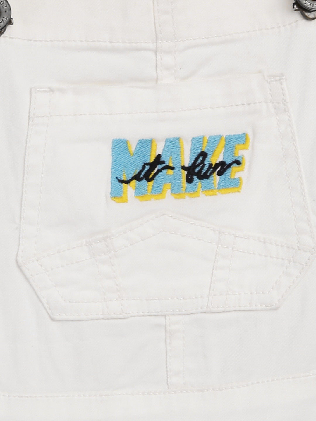 Boys White Printed Dungaree