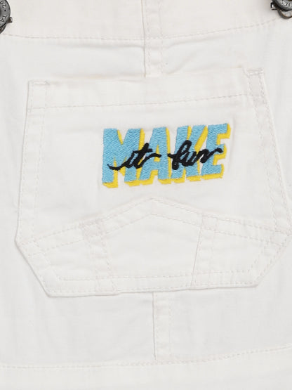 Boys White Printed Dungaree