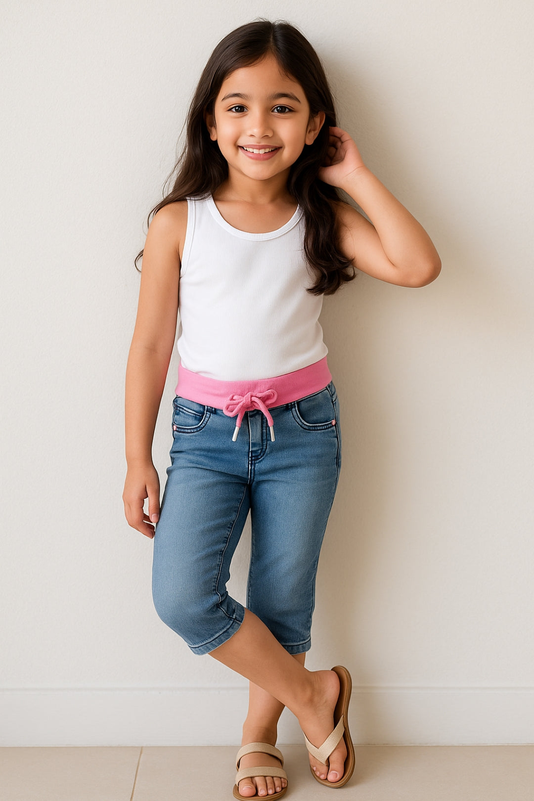 GIRLS SLIM FIT LIGHT BLUE CAPRI WITH PINK WAISTBAND