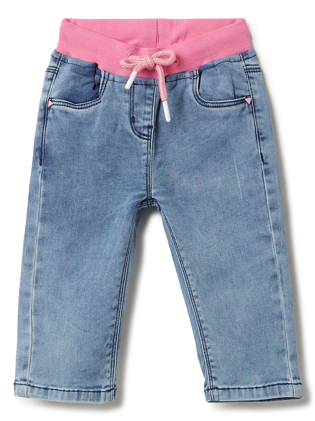 GIRLS SLIM FIT LIGHT BLUE CAPRI WITH PINK WAISTBAND