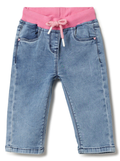 GIRLS SLIM FIT LIGHT BLUE CAPRI WITH PINK WAISTBAND