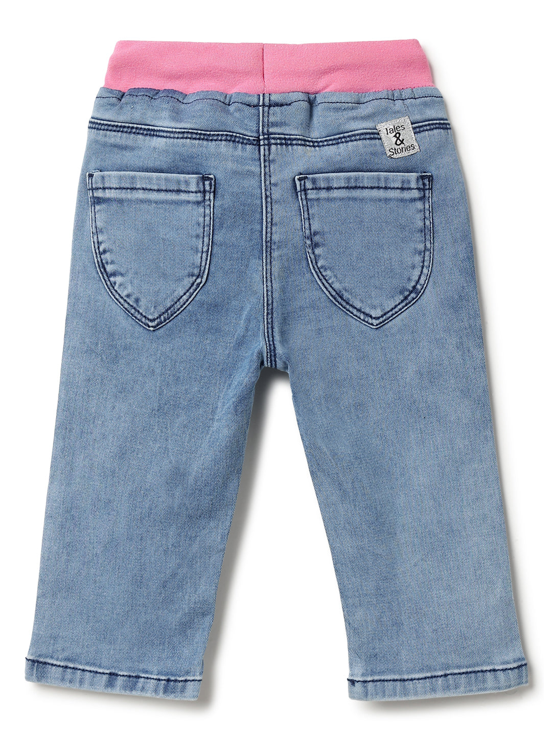 GIRLS SLIM FIT LIGHT BLUE CAPRI WITH PINK WAISTBAND