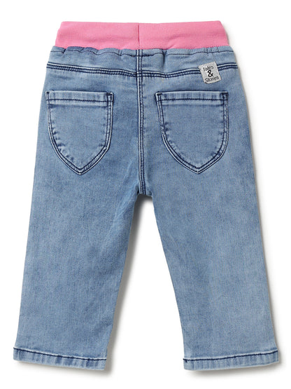 GIRLS SLIM FIT LIGHT BLUE CAPRI WITH PINK WAISTBAND