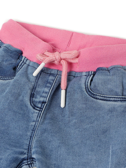GIRLS SLIM FIT LIGHT BLUE CAPRI WITH PINK WAISTBAND