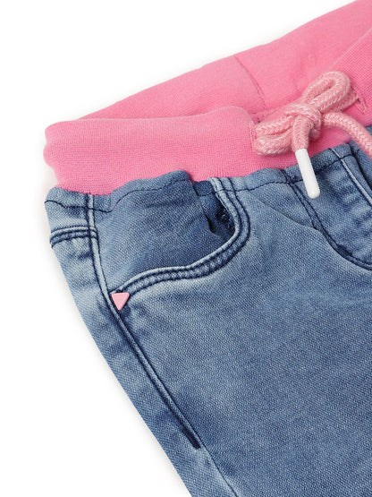 GIRLS SLIM FIT LIGHT BLUE CAPRI WITH PINK WAISTBAND