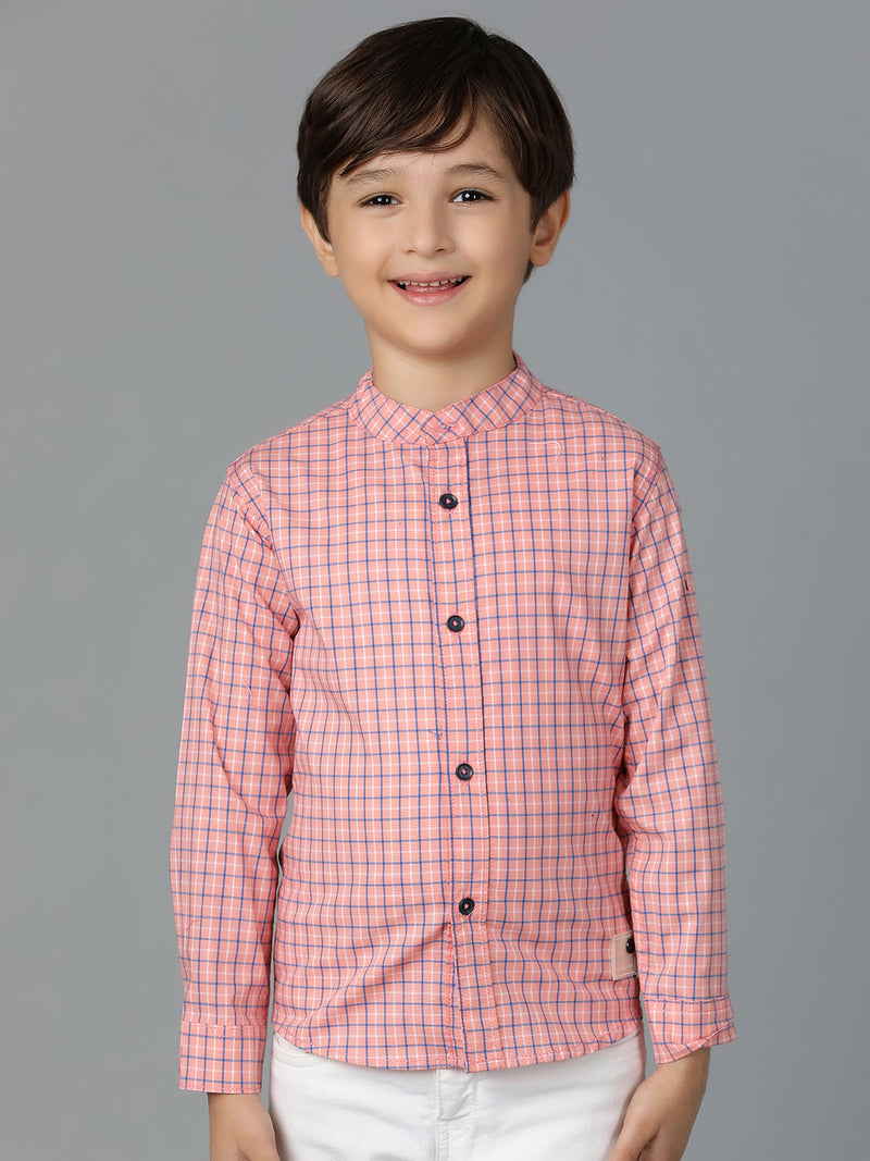 Boys Pink Checked Cotton Regular Fit Shirt