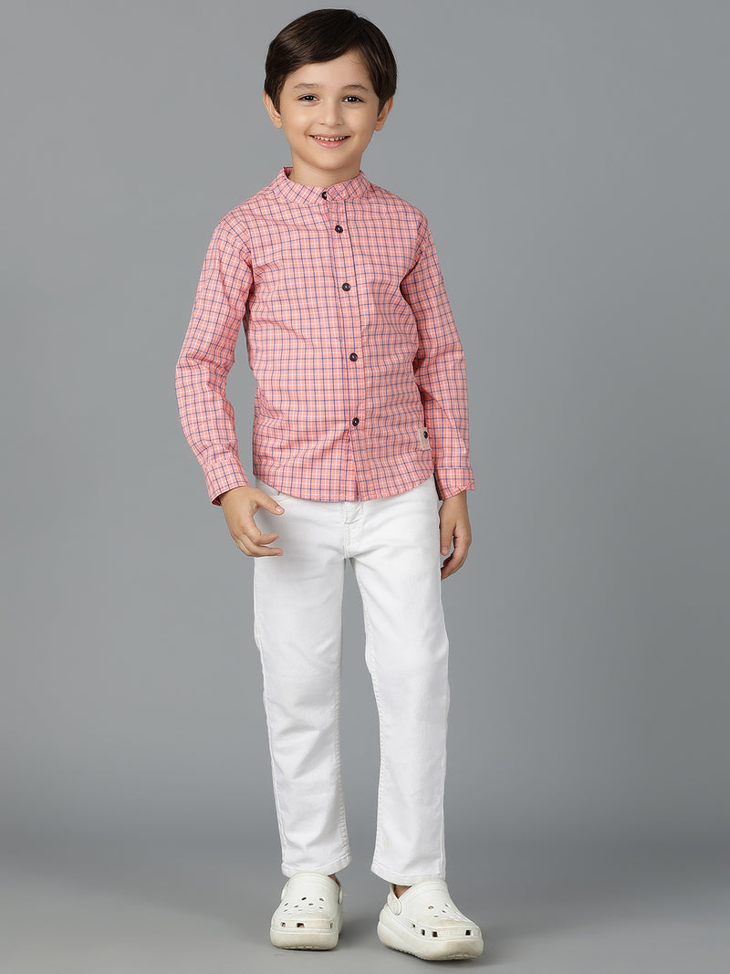 Boys Pink Checked Cotton Regular Fit Shirt