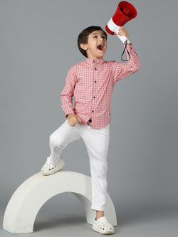 Boys Pink Checked Cotton Regular Fit Shirt