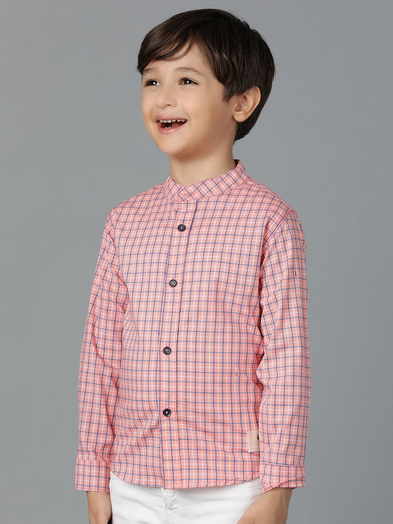 Boys Pink Checked Cotton Regular Fit Shirt