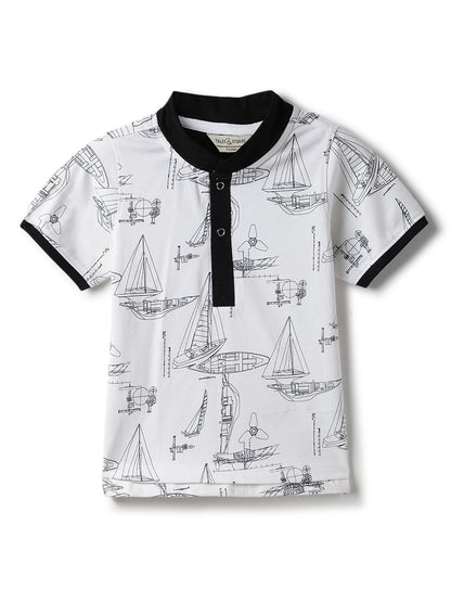 Boys White Cotton Printed T-Shirt