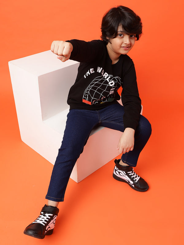 Boys Black Printed Cotton Poly Sweatshirt