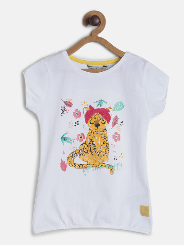 Girls White Lycra Animal Print T-shirt