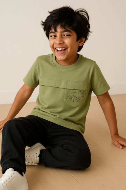 Boys Green Regular Fit Round Neck Cotton T-shirt