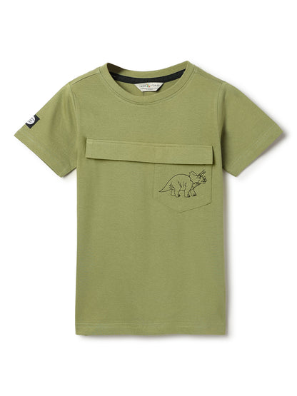Boys Green Regular Fit Round Neck Cotton T-shirt