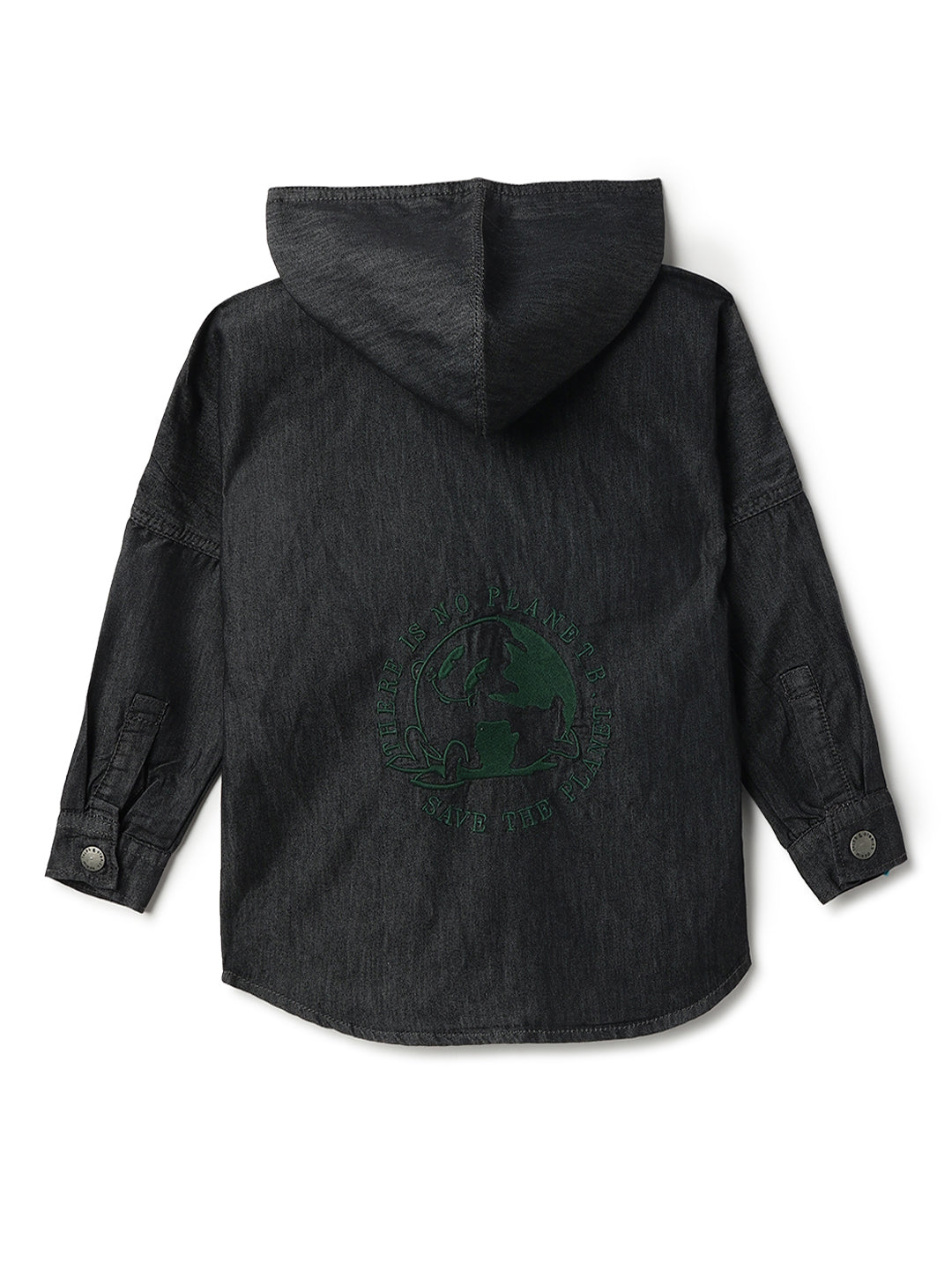 Boys Black Cotton Poly Hooded Shacket