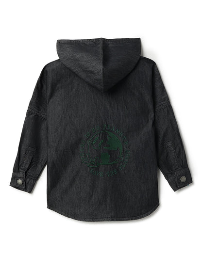Boys Black Cotton Poly Hooded Shacket