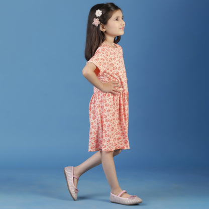 Girls Peach Floral A-Line Dress