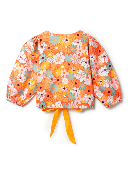 Girls Multi-Color Viscose Printed V-Neck Top