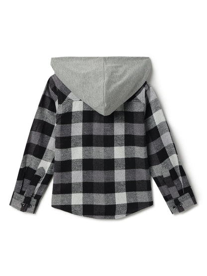 Boys Black Cotton Poly Checked Hooded Shirt