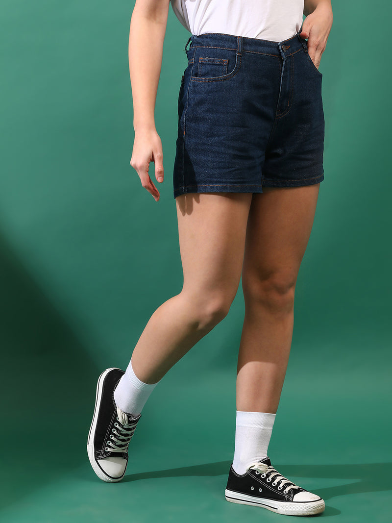 Women Denim Solid Rinse Blue Shorts