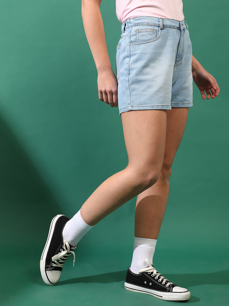 Women Denim solid Light Blue Shorts