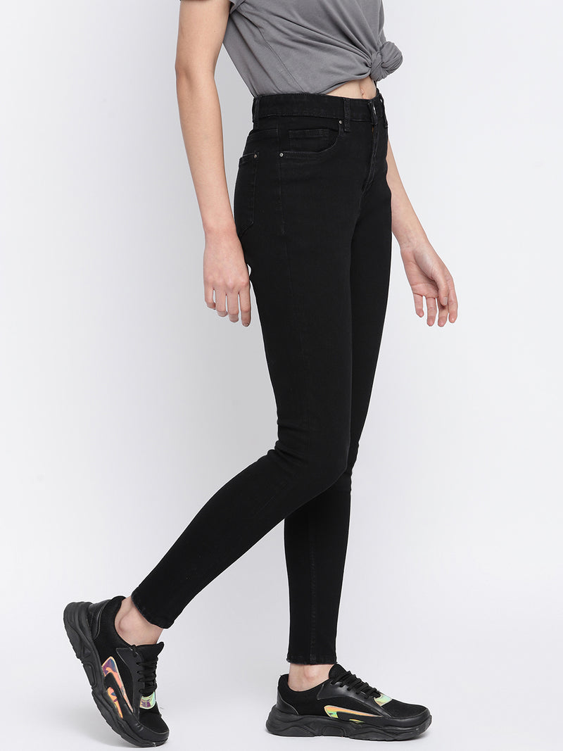 Women Black Denim Lycra Solid Skinny Fit Jeans