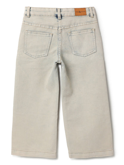 Girls Beige Cotton Poly Washed Wide Leg Jeans