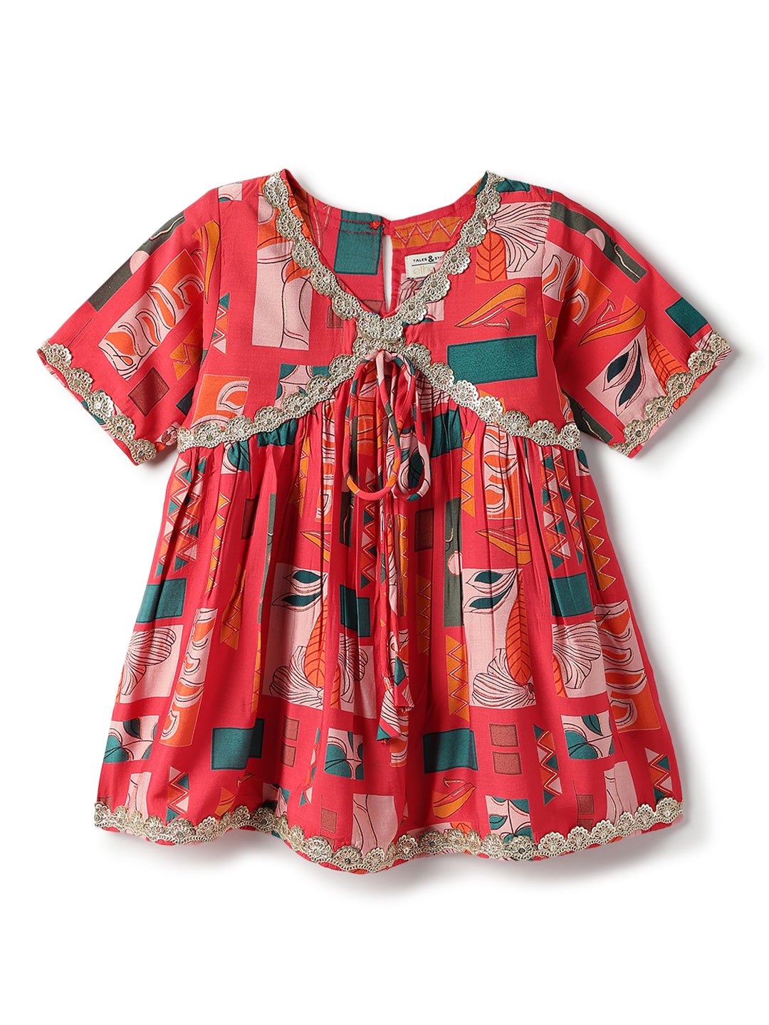Girls Pink V-Neck Printed Ethnic Top & Sharara Ethnic Set