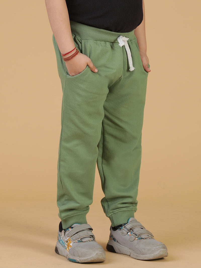 Boys Olive Solid Cotton Joggers