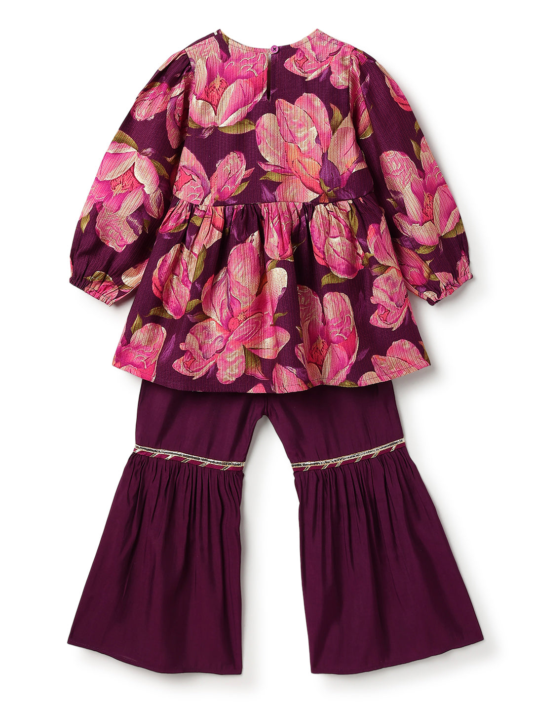 Girls Purple Floral Print Kurta & Sharara Set