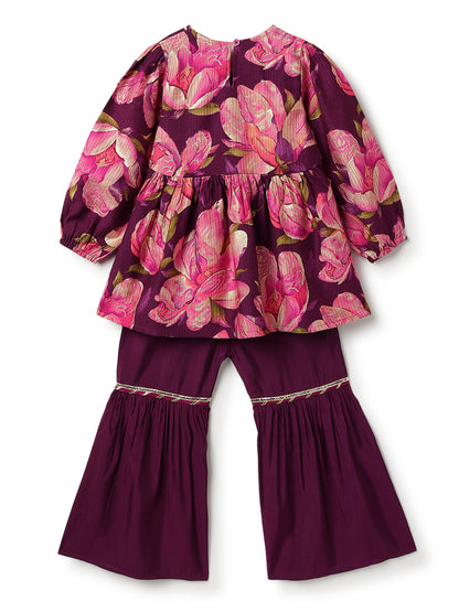 Girls Purple Floral Print Kurta & Sharara Set