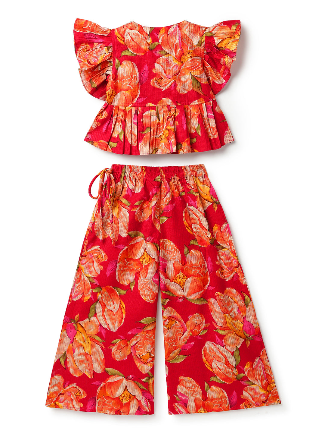 Girls Red Printed V-Neck Viscose Ethnic Kurta Set