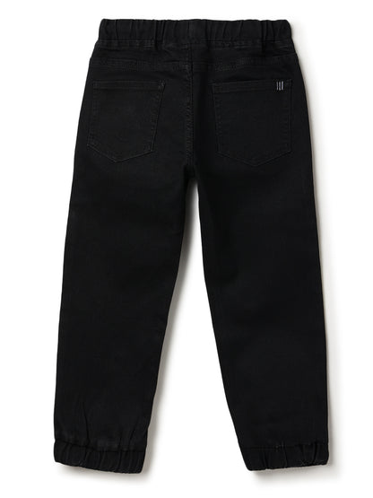 Boys Cotton Brown T-Shirt With Black Denim Solid Slim Fit Joggers