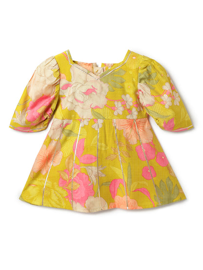Girls Lime Yellow Printed Top & Sharara Ethnic Set