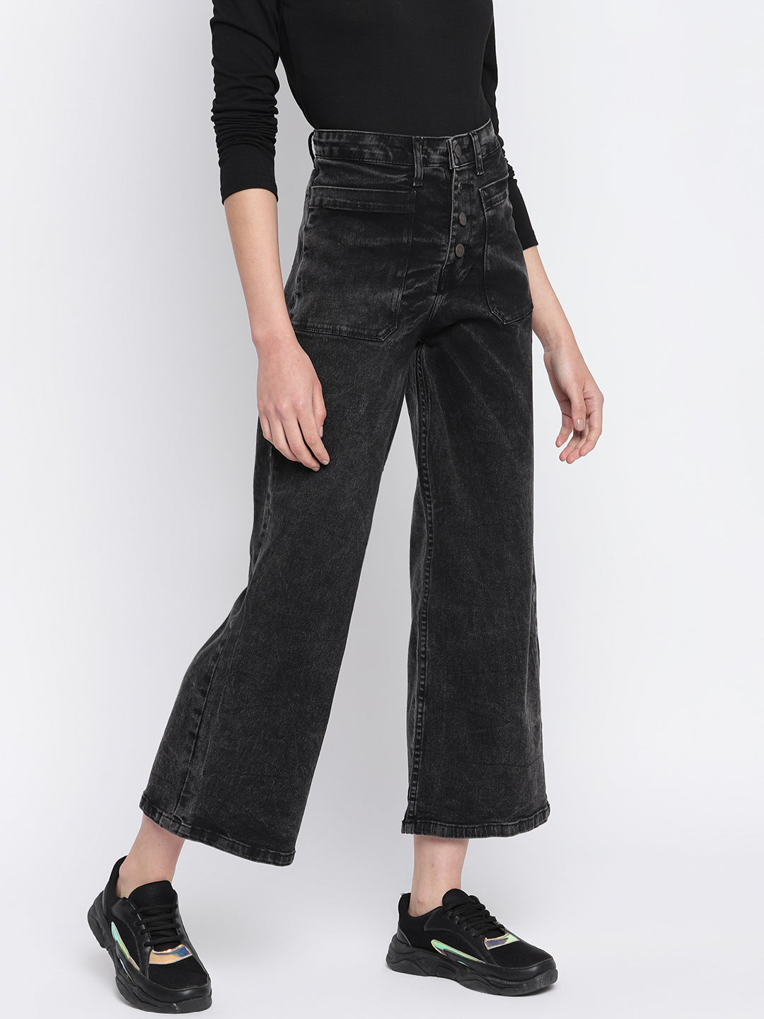 Womens Black Denim Wide Leg  Stretchable Jeans