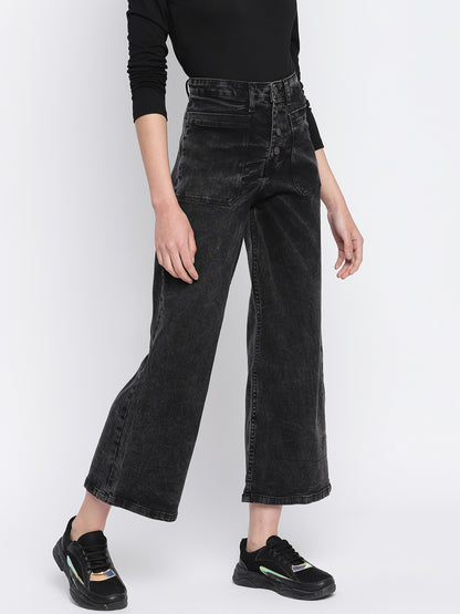 Womens Black Denim Wide Leg  Stretchable Jeans