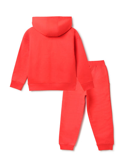 Unisex Red Solid Fleece Hooded Co-ord Set