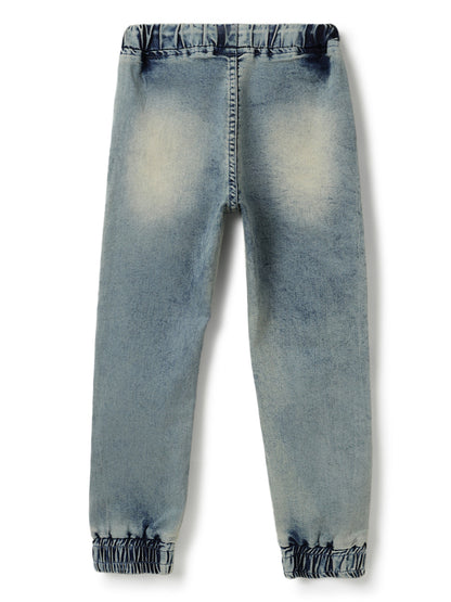 Boys Blue Lycra Solid Denim Joggers