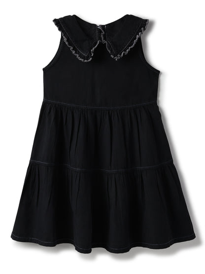 Girls Black Cotton Sleeveless Casual Dress