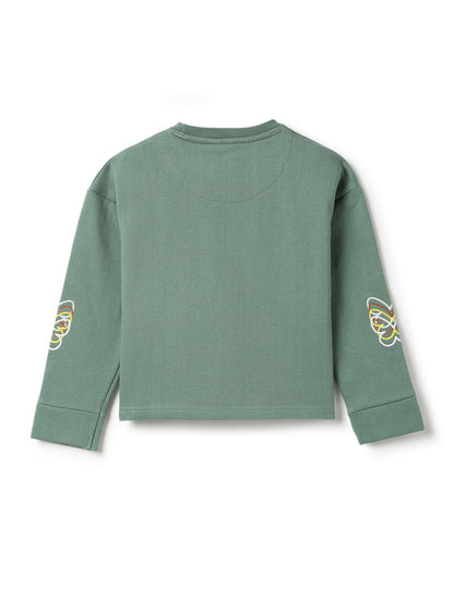 Girls Olive Cotton Printed Cropped Sweatshirt