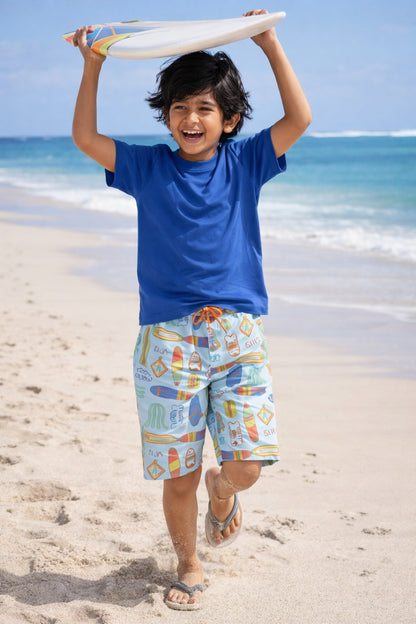Boys Sky Blue Printed Knee Length Shorts