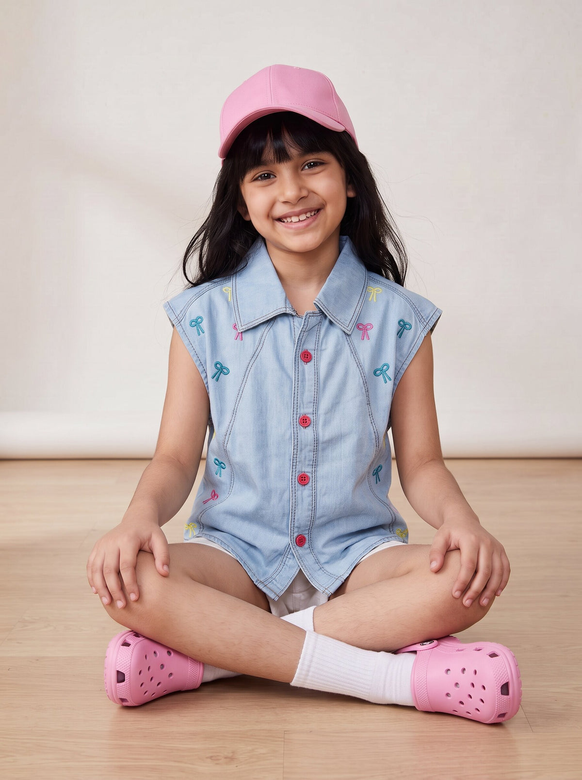 Girls Light Blue Cotton Blend Embroidered Shirt