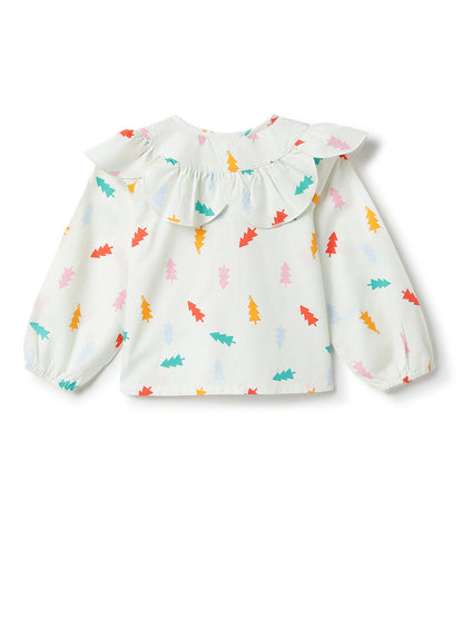 Girls Cream Printed Cotton Top