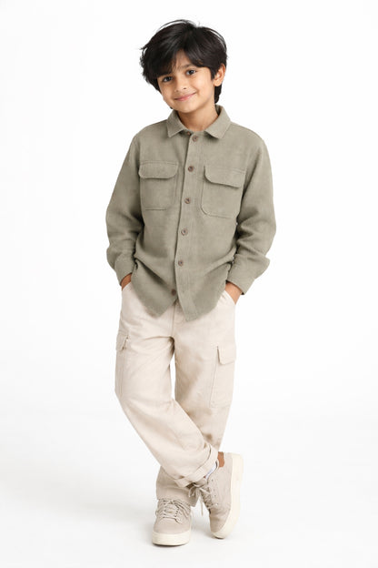 Boys Olive Cotton Solid Shacket
