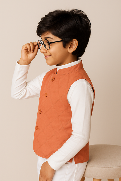 Boys Peach Cotton Solid Waist Coat