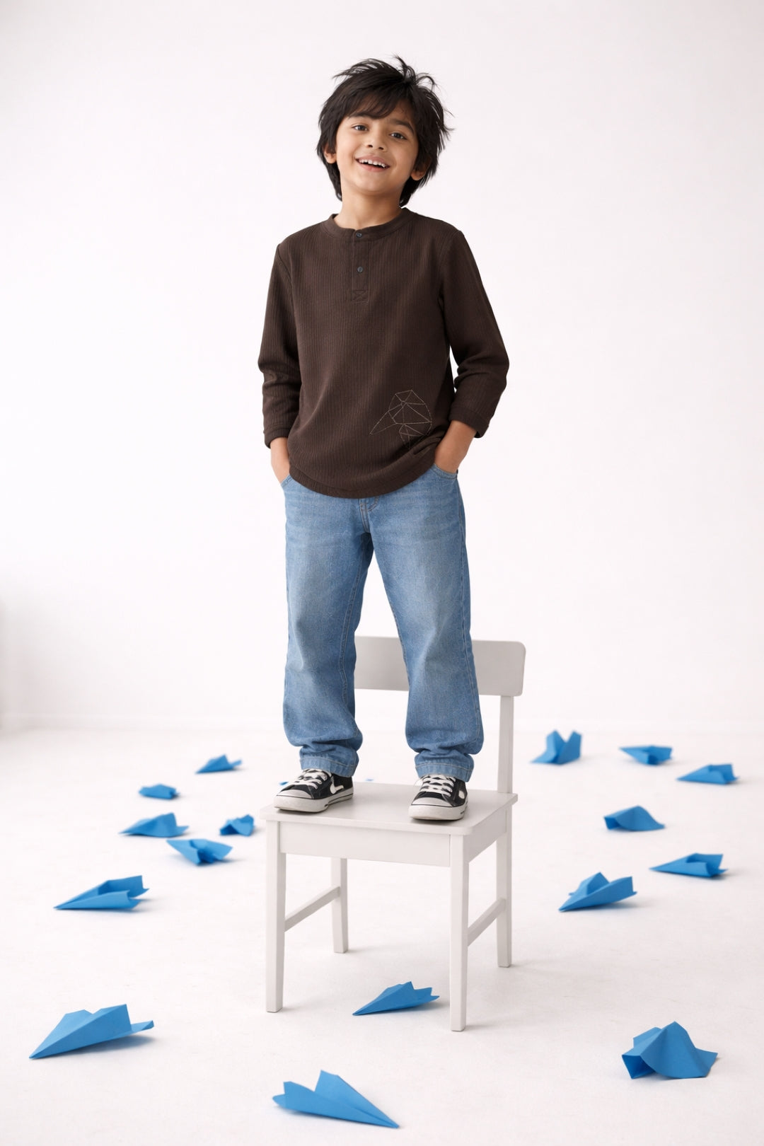 Boys Olive Henley Neck Solid T-Shirt