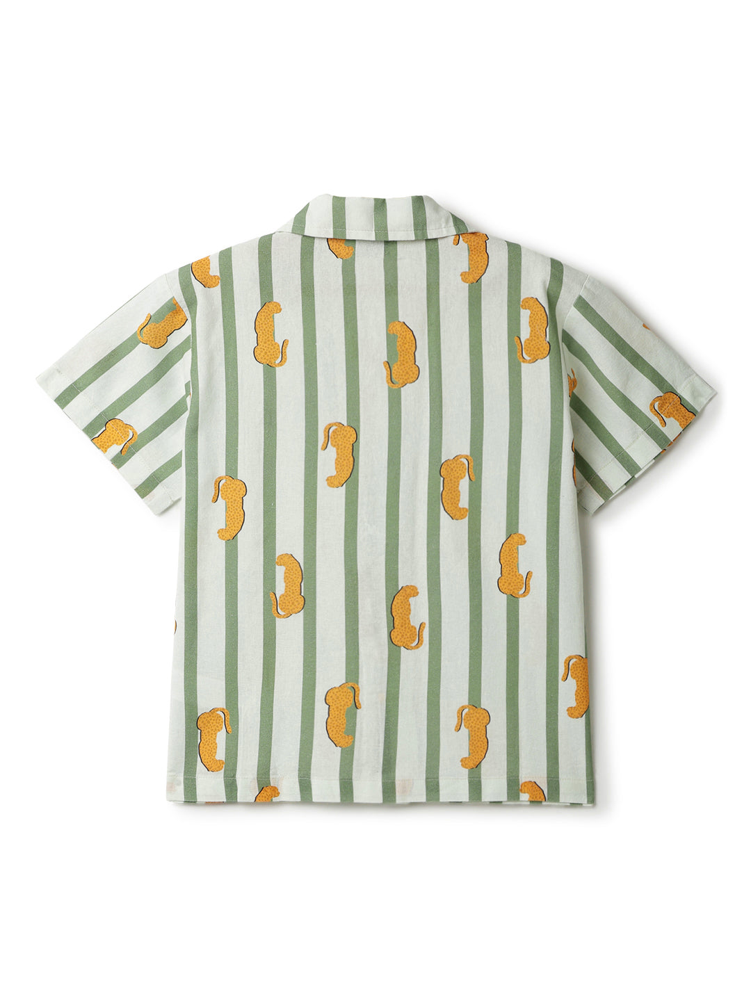 Boys Cotton Green Stripes Printed Shirt With Cream Trouser Clothing Set