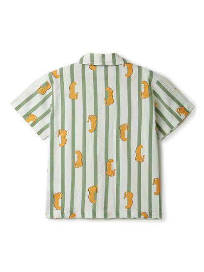 Boys Cotton Green Stripes Printed Shirt With Cream Trouser Clothing Set
