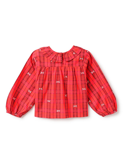 Girls Cotton Red Checks Top