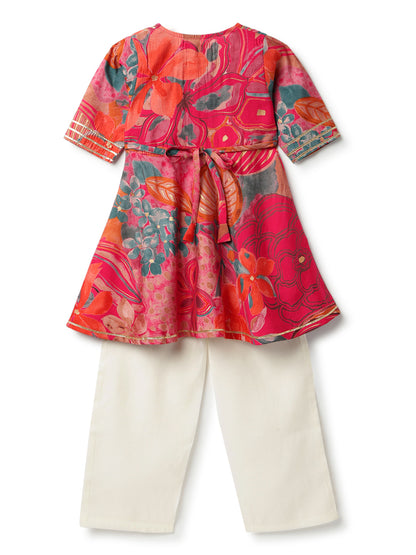 Girls Pink Ethnic Printed Viscose Kurta Set